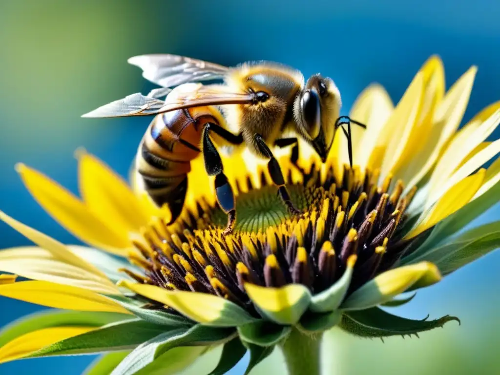 Una abeja polinizando una colorida flor, resaltando la importancia de la polinización para la nutrición humana