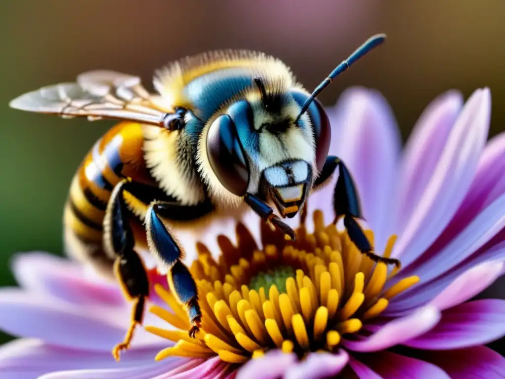 Una abeja cubierta de polen en una flor vibrante, resaltando la importancia de la polinización para la nutrición humana