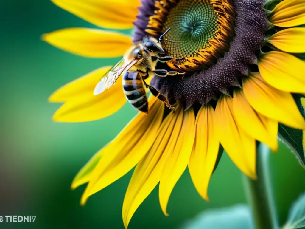 Una abeja cubierta de polen en un girasol vibrante, proteger abejas prácticas zero waste