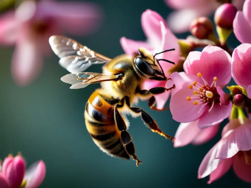 Una abeja delicadamente polinizando una flor de cerezo rosa, resaltando la importancia de la polinización para la nutrición humana