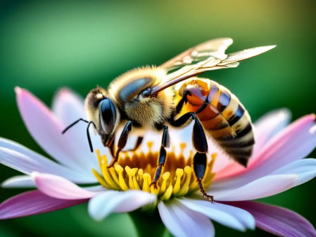 Una abeja recolectando polen en una flor, mostrando la belleza de la naturaleza