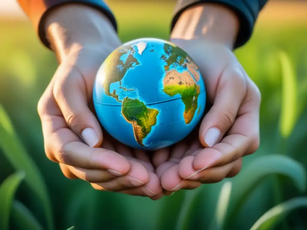 Un abrazo al mundo: manos entrelazadas sostienen un globo y una planta en un fondo simple