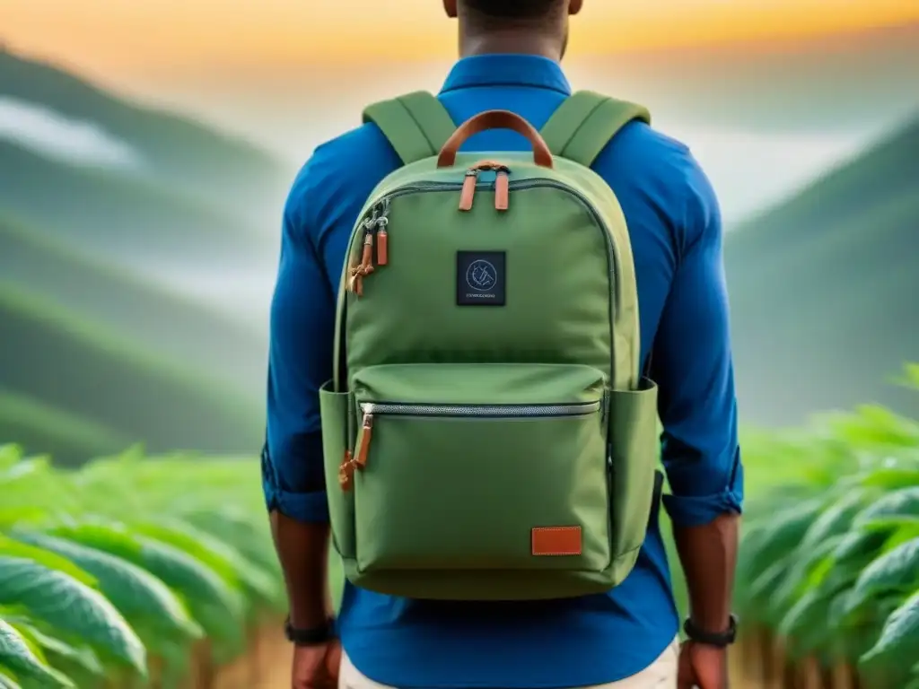 Accesorios de viaje sostenibles: Mochila ecológica con diseño moderno y tonos terrosos, ideal para aventureros