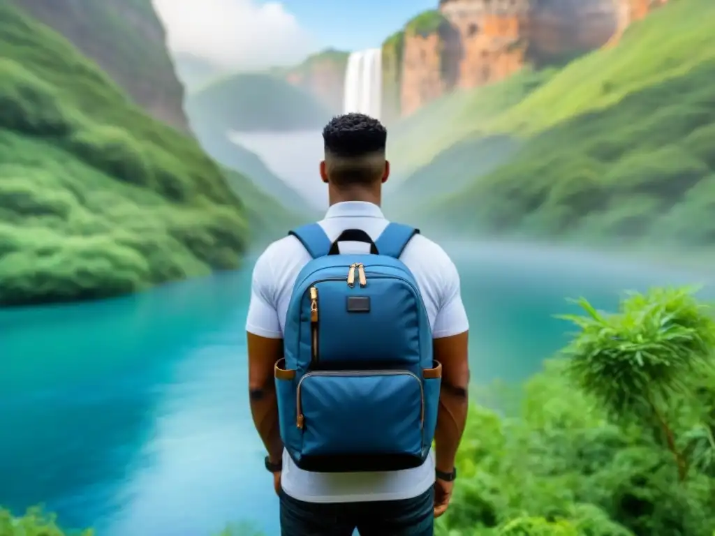 Accesorios ecológicos para viaje: mochila moderna y sostenible en tonos tierra, rodeada de naturaleza serena