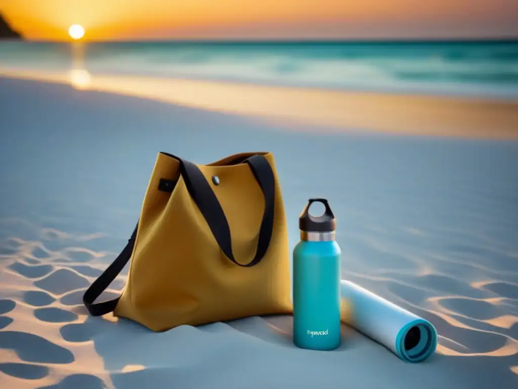 Accesorios ecológicos para un viaje con huella de carbono en una playa al atardecer