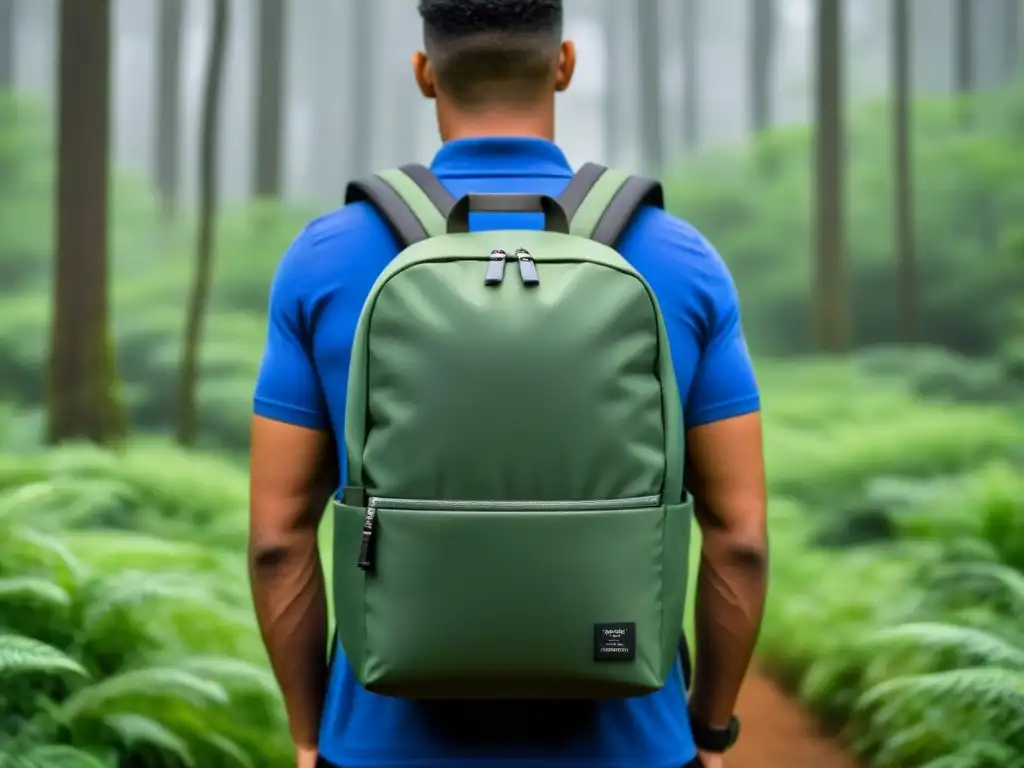 Accesorios ecológicos para viaje en la naturaleza: mochila moderna de materiales reciclados en un bosque verde exuberante