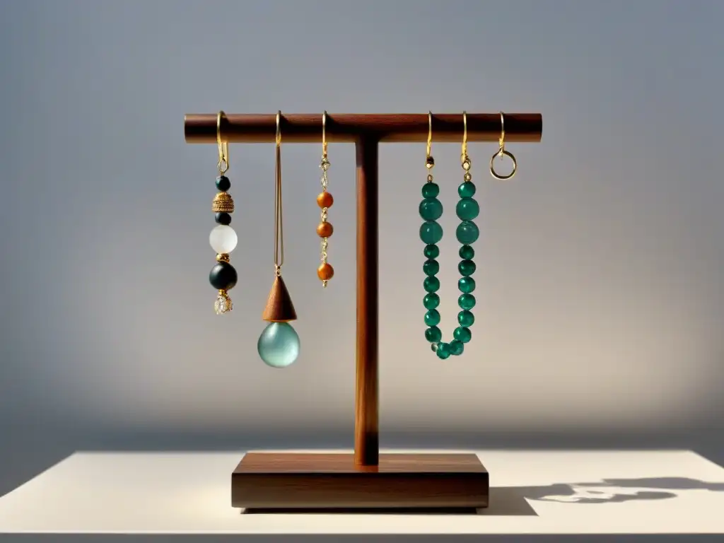 Accesorios sostenibles para estilo eco: joyería elegante y ecoamigable en exhibición minimalista