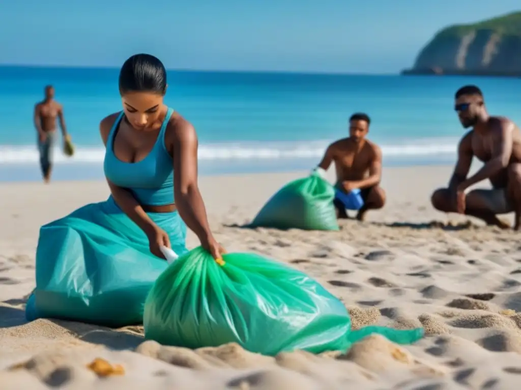 Acciones de las Naciones Unidas por residuos sostenibles: Personas colaborando en limpieza de playa