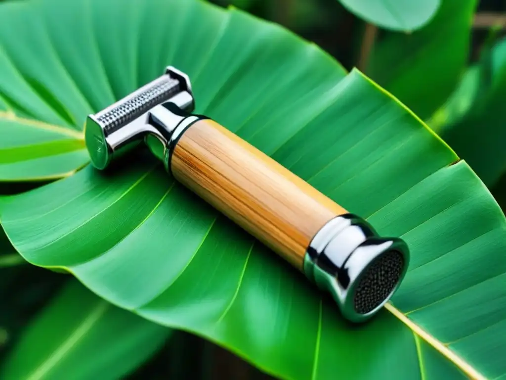 Razor ecológica de bamboo y acero inoxidable sobre hojas de eucalipto