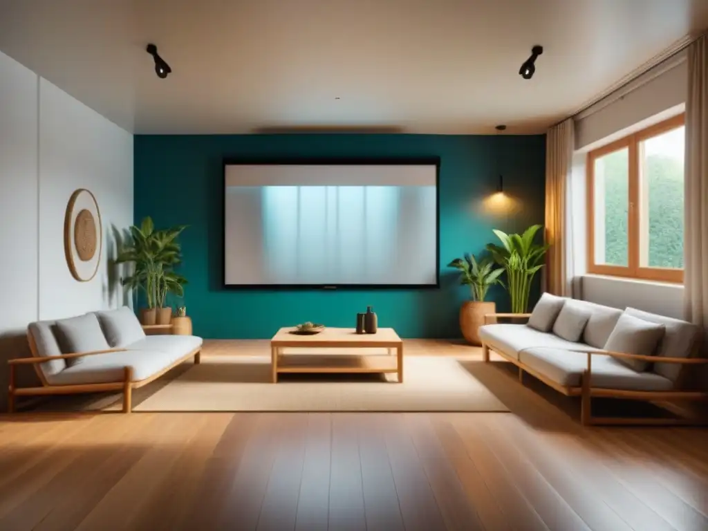 Acogedor cine sostenible con influencia en estilo de vida, decorado con materiales eco amigables y muebles reciclados