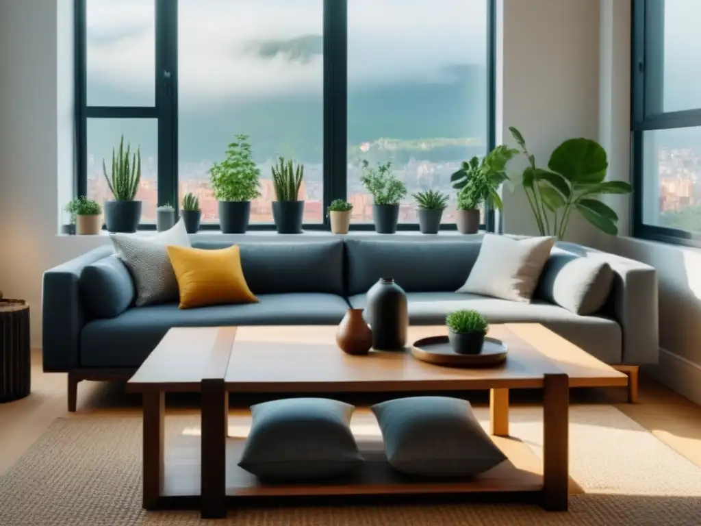 Un acogedor salón minimalista en un apartamento pequeño con soluciones zero waste