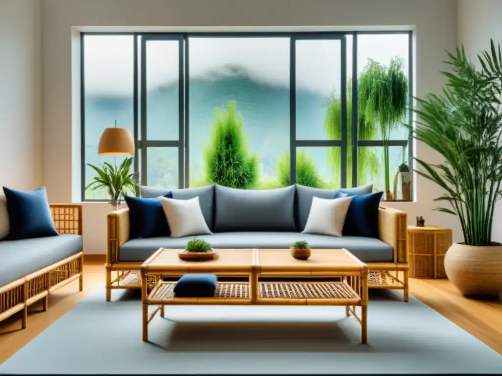 Acogedor salón con muebles de bambú ecofriendly en hogar luminoso