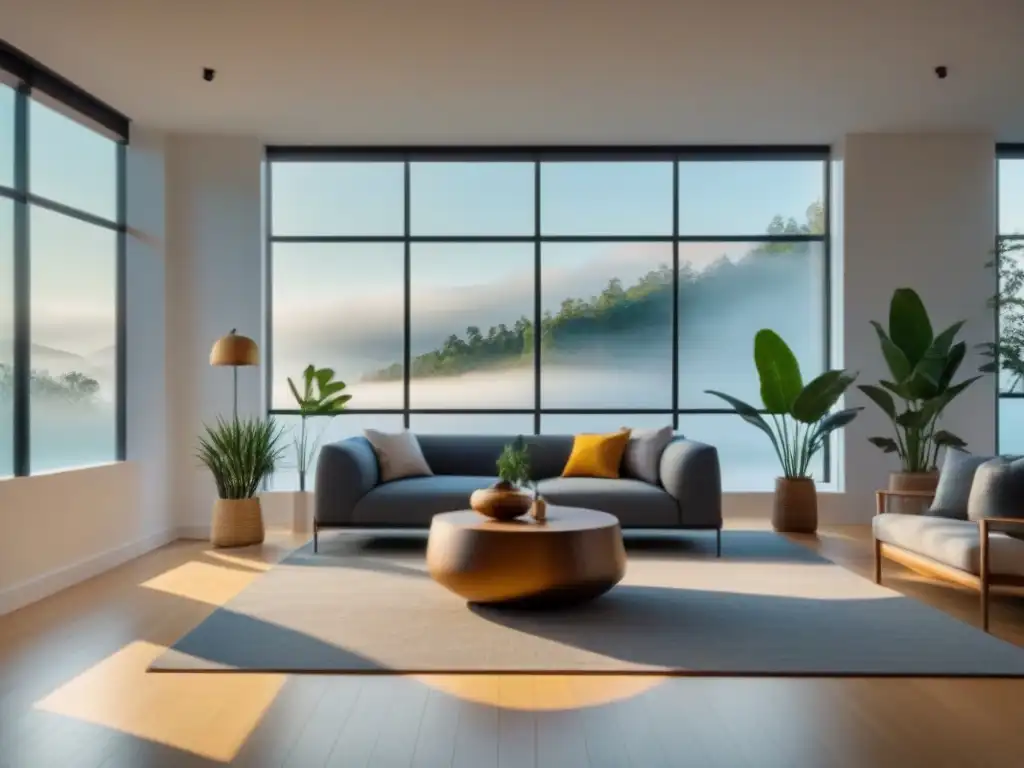 Acogedor salón sostenible con plantas, muebles ecológicos y luz natural