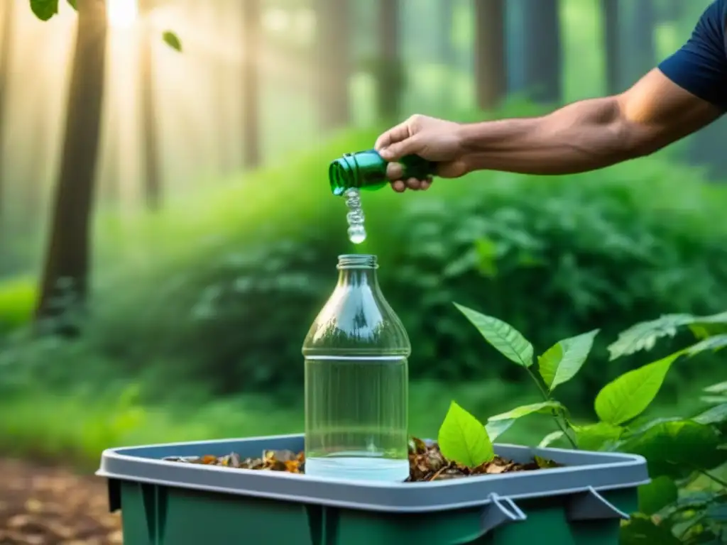 Un acto de cuidado: una botella de vidrio en el contenedor de reciclaje, en un bosque verde