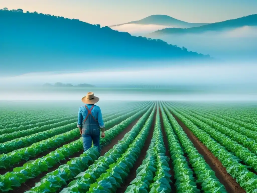 Un agricultor cuidando de sus cultivos en una granja verde bajo un cielo azul, en armonía con la naturaleza