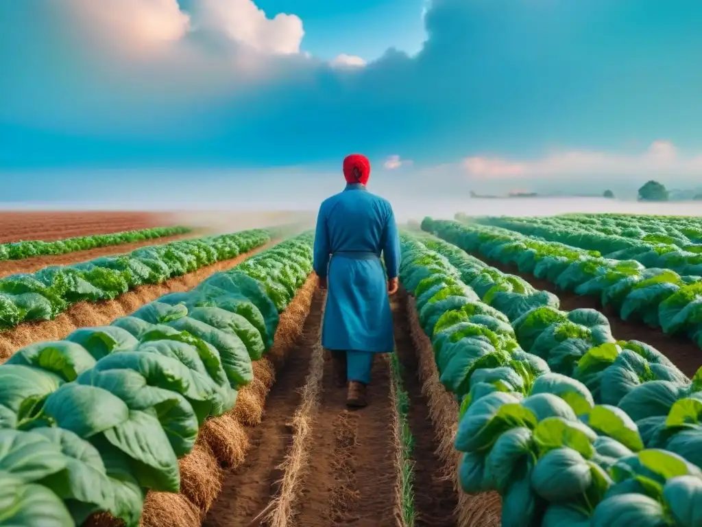 Un agricultor cosechando frutas y verduras en una granja ecológica bajo cielo azul