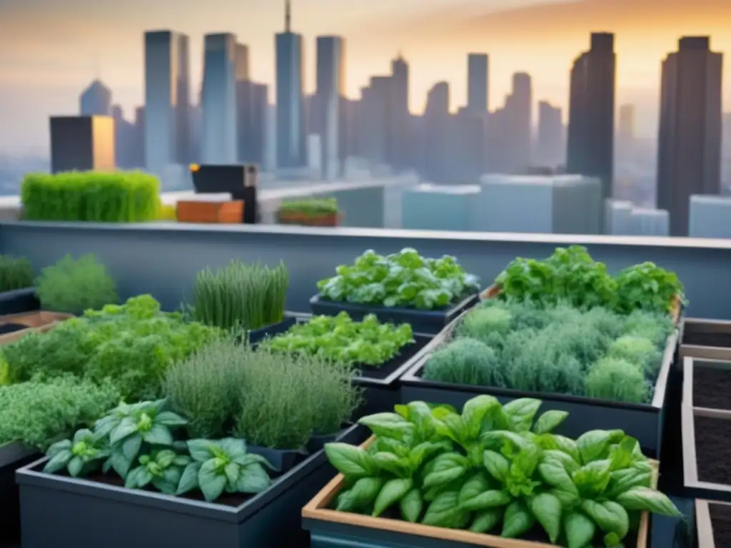 Agricultura urbana sostenible para principiantes: Jardín en la azotea de una ciudad, con hierbas y vegetales vibrantes al atardecer