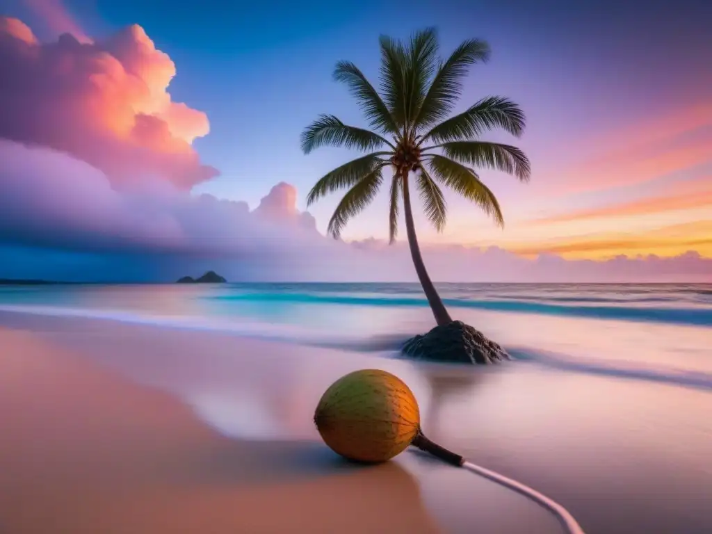 Agua de coco sostenible moda: Playa tropical al atardecer con cocotero y cocos maduros en un escenario tranquilo y vibrante