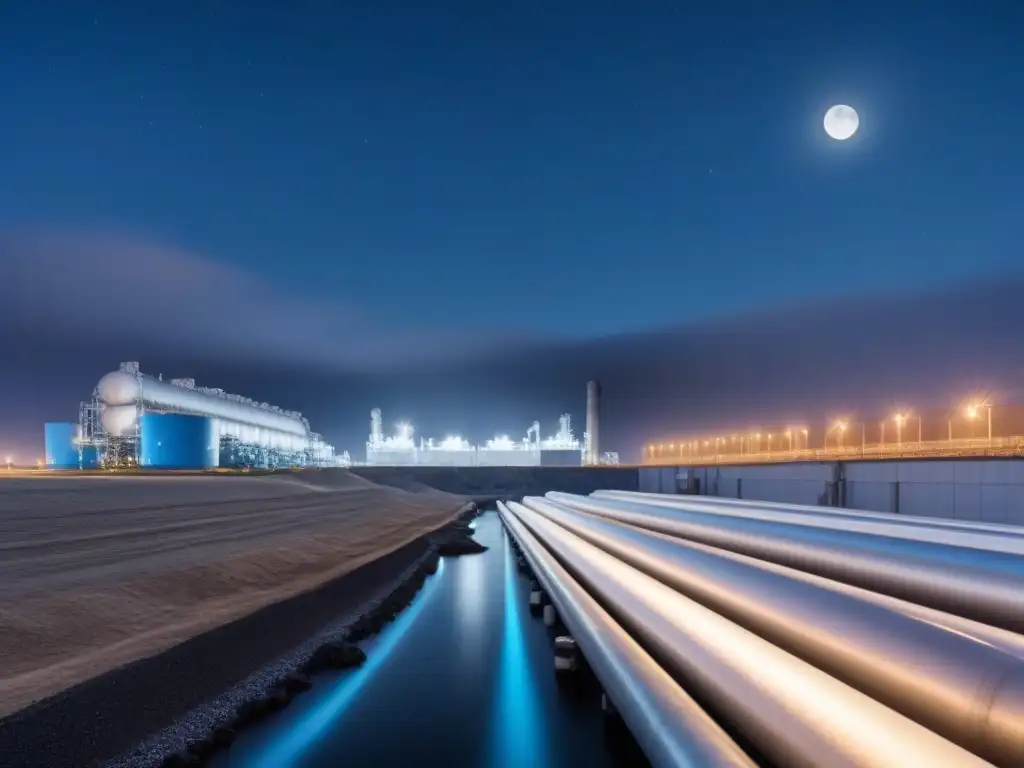 Desalinización y reutilización del agua: Planta futurista iluminada por la luna en la noche estrellada