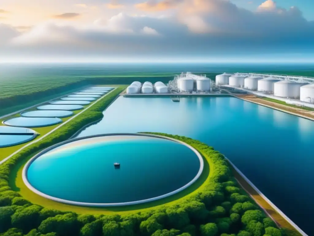 Desalinización y reutilización del agua: Planta futurista con tecnología avanzada, reflejos y paisaje marino vibrante