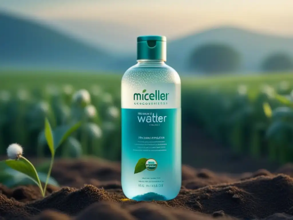 Agua micelar ecológica sostenible en botella transparente con micelas suspendidas y etiqueta verde, sobre campos de algodón orgánico verde