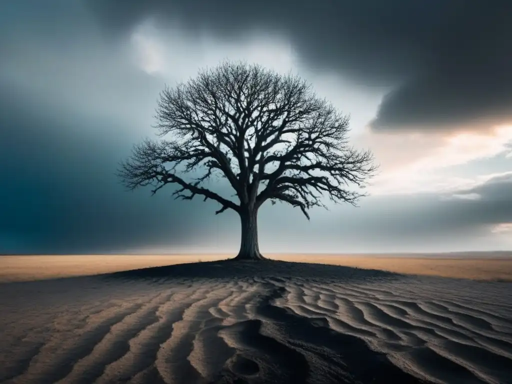 Álbum inspirado en el cambio climático: Árbol solitario marchito en paisaje desolado, cielo tormentoso