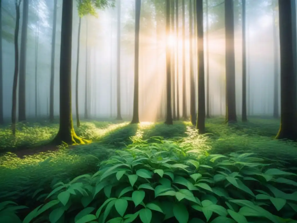 Álbumes inspirados cambio climático: Bosque verde y sereno con luz solar filtrándose entre las hojas, creando un patrón moteado en el suelo