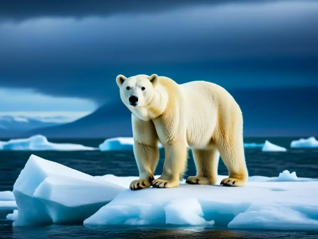 Álbumes inspirados cambio climático: Imagen detallada de un oso polar solitario en un témpano de hielo derritiéndose, bajo un cielo tormentoso