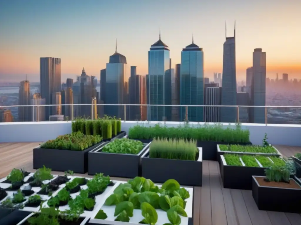 Cultivar alimentos en espacios urbanos: Jardín en la azotea con plantas vibrantes y ciudad al fondo al atardecer