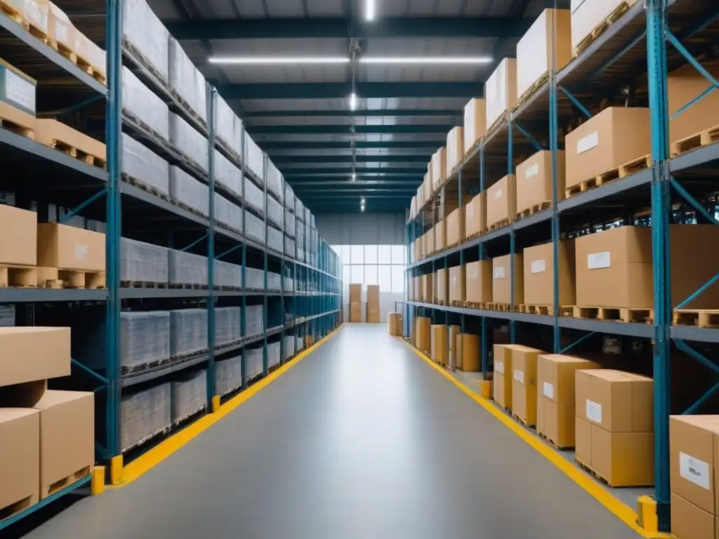 Un almacén moderno y eficiente con estanterías organizadas y cajas etiquetadas 'Zero Waste Solutions'