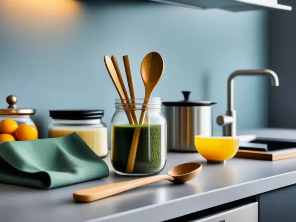 Alternativas utensilios cocina zero waste: Imagen de cocina minimalista y sostenible con utensilios ecofriendly