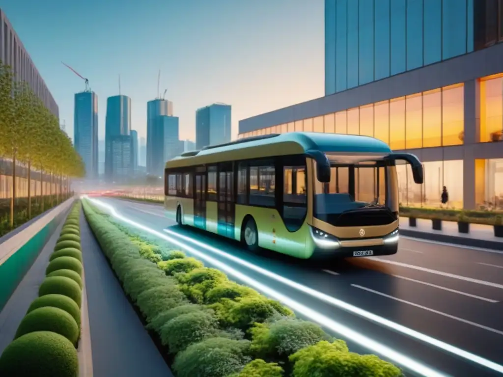 Un amanecer en la ciudad con transporte sostenible, vías luminosas y arquitectura verde