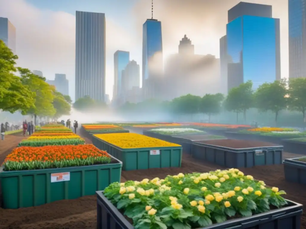 Un amanecer en la ciudad verde, con rascacielos proyectando sombras sobre un parque tranquilo