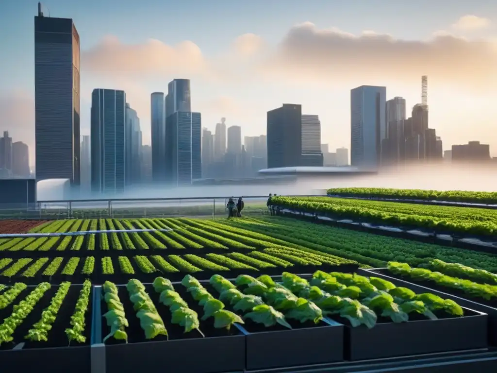 Un amanecer dorado ilumina una granja vertical urbana moderna, llena de plantas verdes vibrantes en patrones geométricos