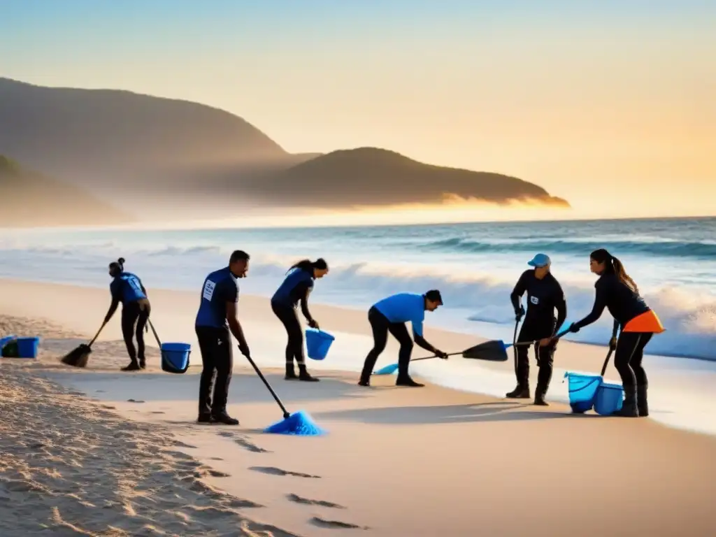 Un amanecer lleno de esperanza: voluntarios de diferentes nacionalidades y edades limpiando la playa juntos