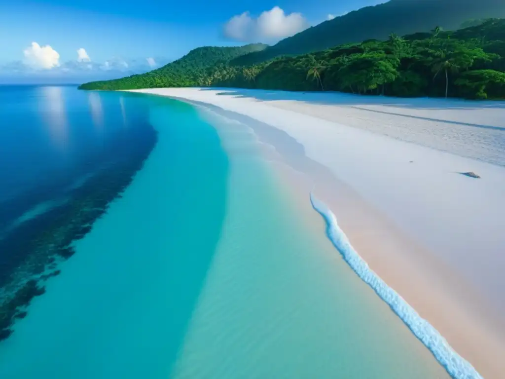 Un amanecer de lujo y armonía en una playa tropical, con aguas cristalinas y un resort ecofriendly