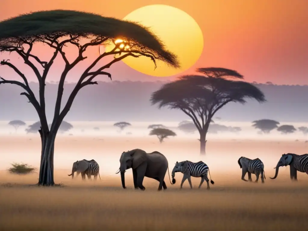 Majestuosa llanura africana al amanecer: fauna en armonía Un amanecer mágico en la sabana africana con elefantes, cebras y jirafas en armonía