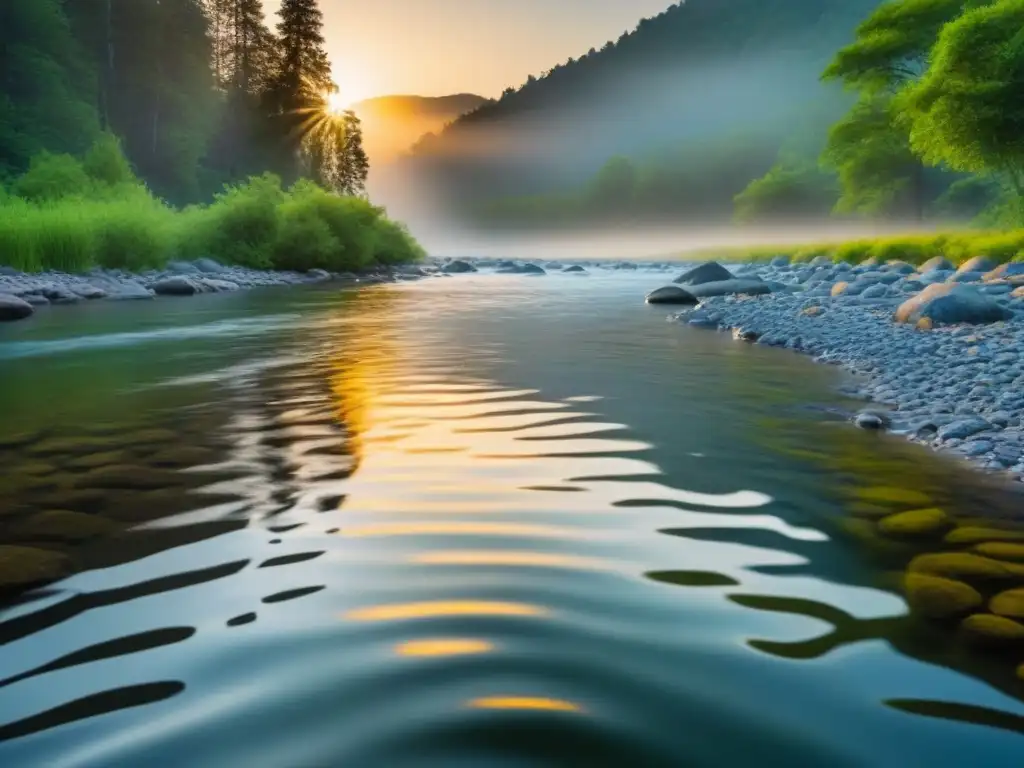 Un amanecer sereno en un bosque tranquilo, iluminando un arroyo con un resplandor dorado cálido, ejemplificando un ecosistema armonioso y sostenible