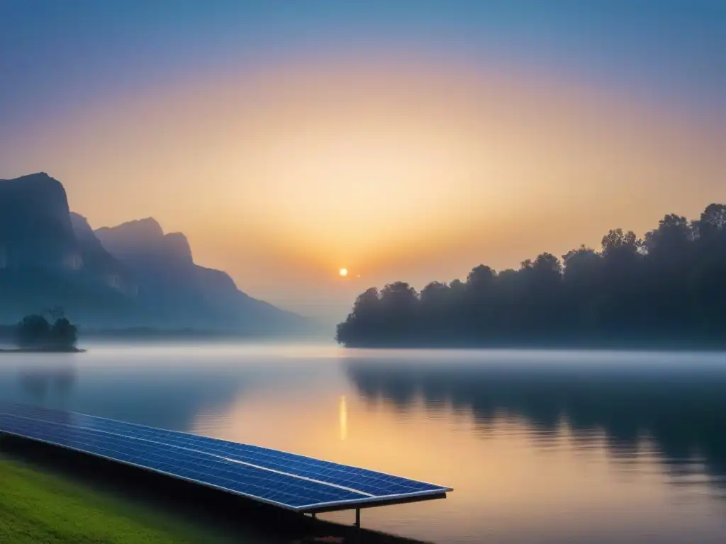 Un amanecer sereno en un lago, con un panel solar flotante reflejando los suaves colores del cielo