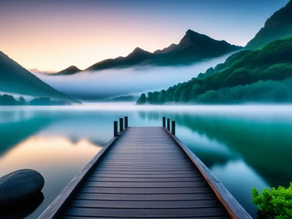 Un amanecer sereno sobre un lago tranquilo entre montañas verdes, muelle de madera y niebla creando armonía