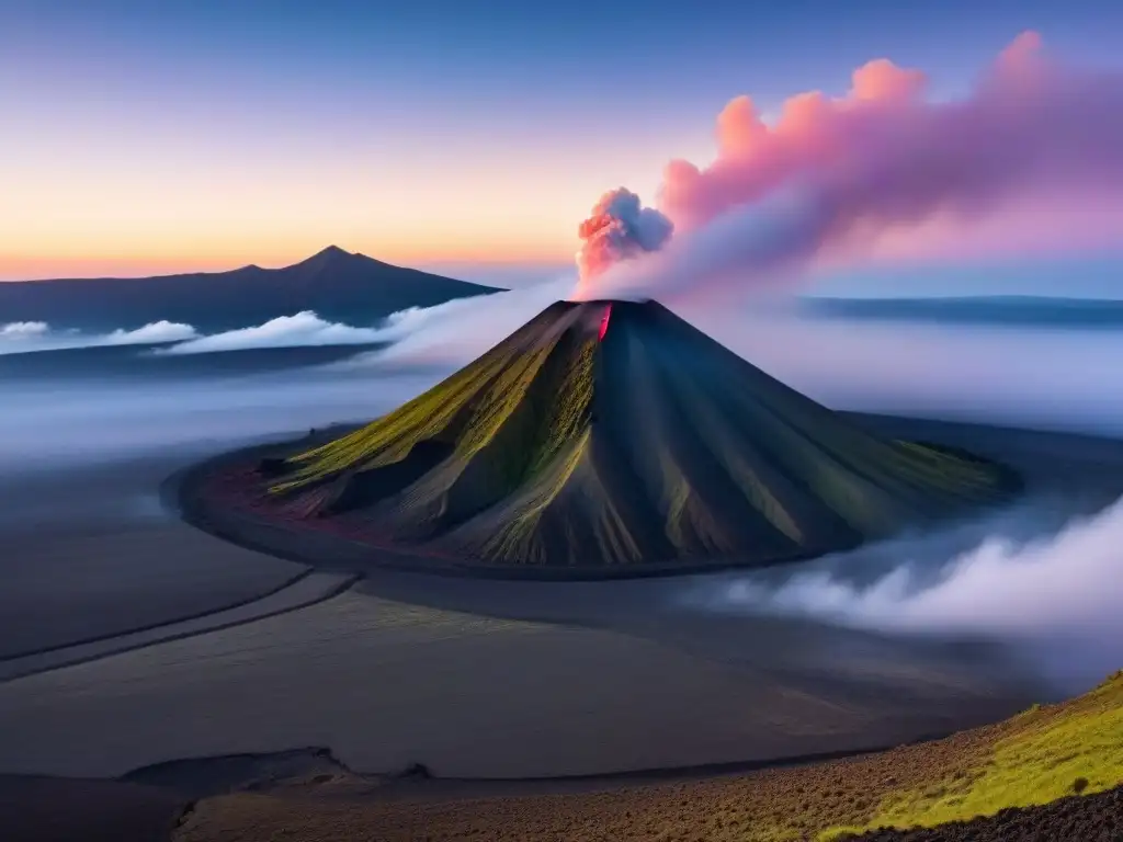 Un amanecer sereno en un paisaje volcánico simétrico, con suave vapor y colores pastel