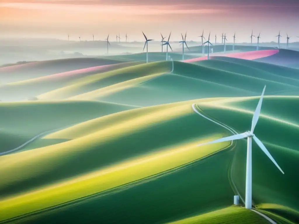 Un amanecer sereno en un parque eólico moderno, ondean turbinas blancas bajo un cielo pastel