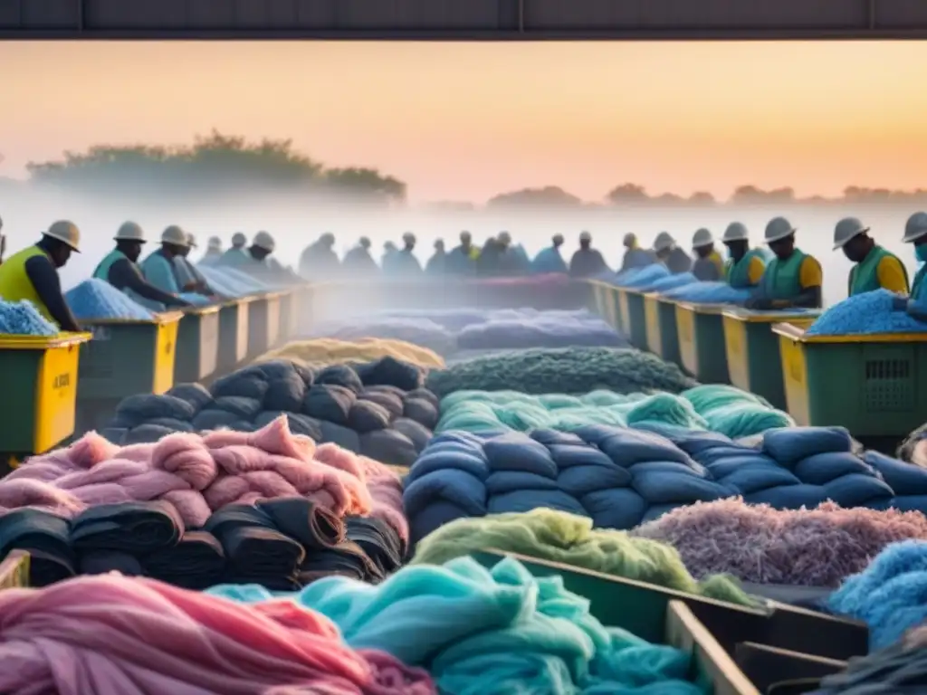 Un amanecer sereno en una planta de reciclaje textil sostenible, con colores pastel iluminando maquinaria y trabajadores clasificando telas