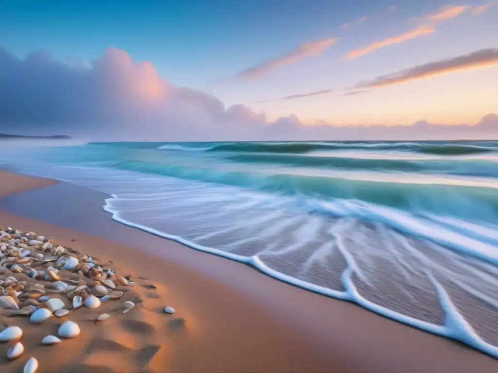 Un amanecer sereno en una playa virgen, con olas suaves y gaviotas al fondo