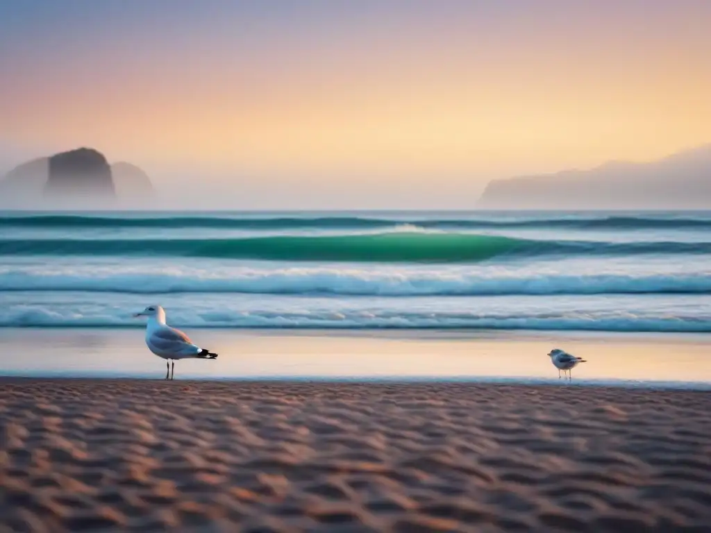 Un amanecer sereno en la playa: olas suaves, gaviotas, figura recogiendo basura