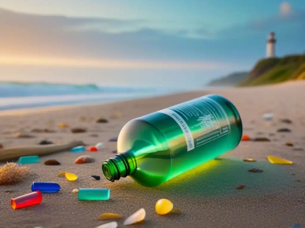 Playa serena al amanecer: limpieza sostenible Un amanecer sereno en la playa, con olas suaves iluminando desechos plásticos
