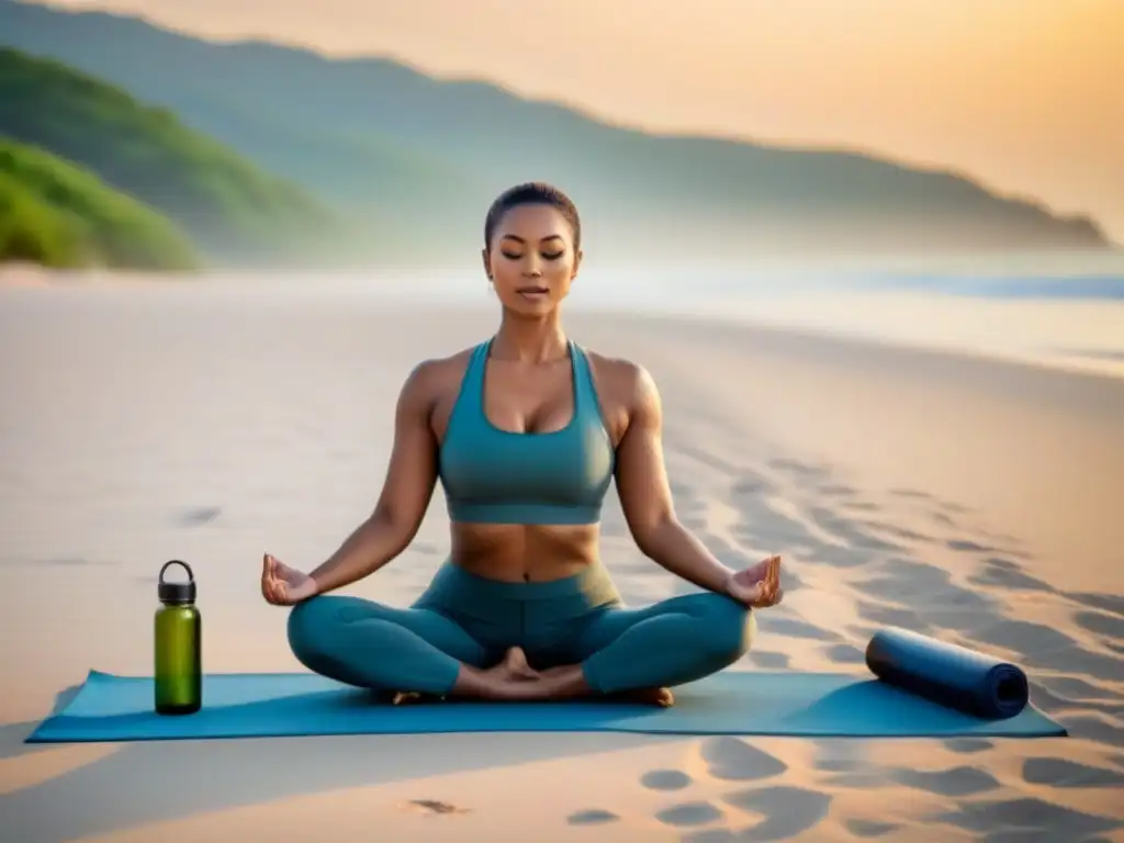Un amanecer sereno en la playa, con prácticas de yoga y elementos sostenibles