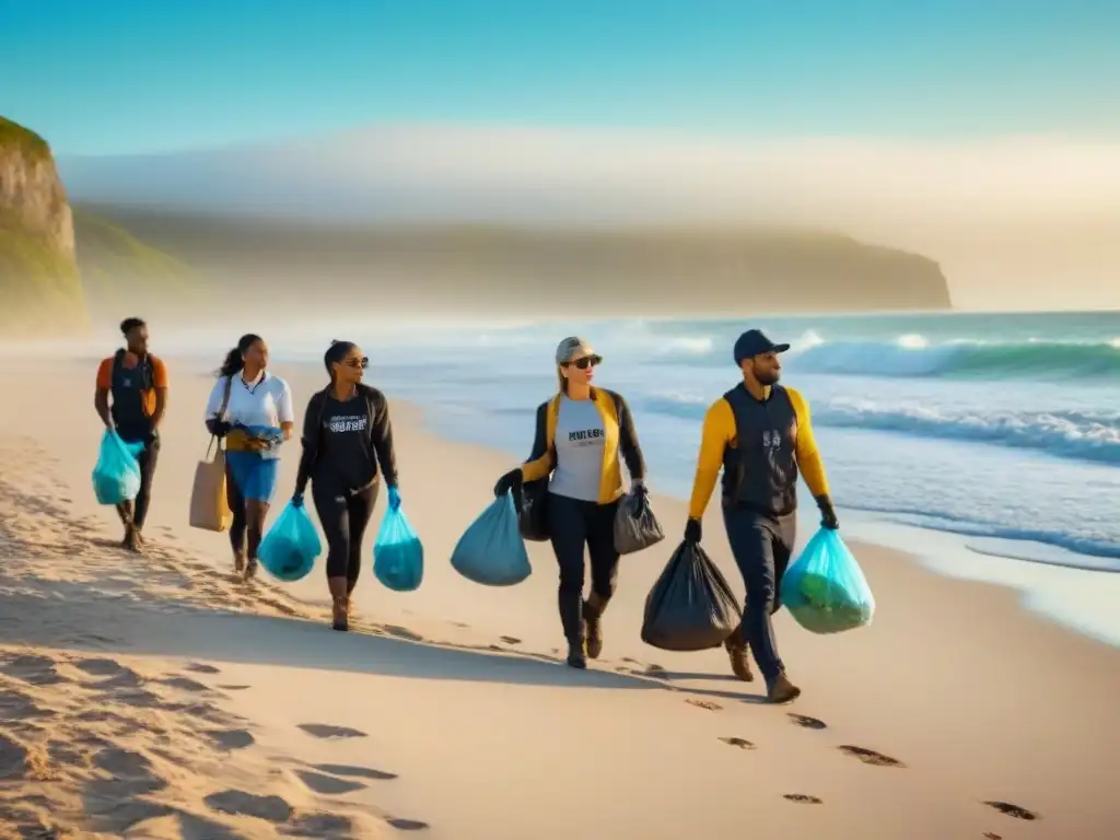 Voluntarios en la playa al amanecer: limpieza sostenible Un amanecer sereno en la playa con voluntarios sostenibles limpiando