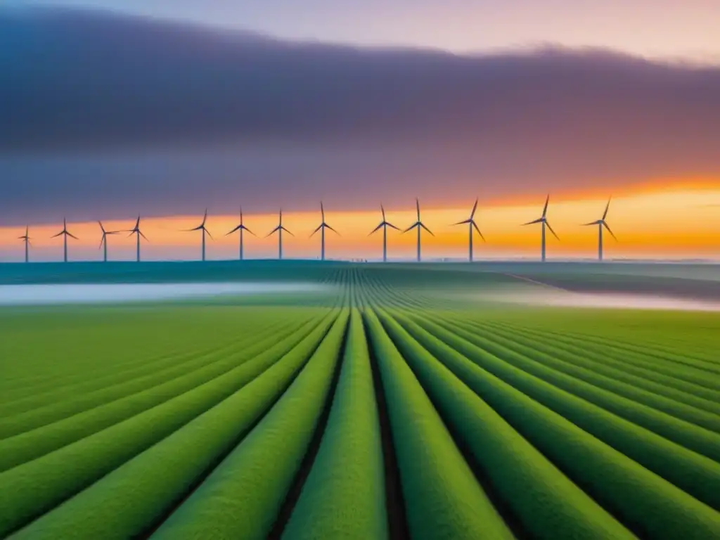 Un amanecer vibrante sobre un campo de molinos de viento, simbolizando el futuro prometedor de las energías renovables para principiantes