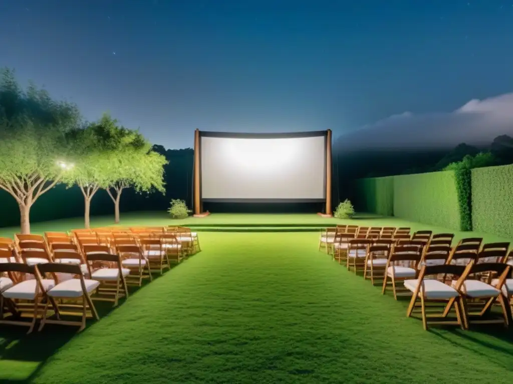 Ambiente acogedor de cine al aire libre sostenible bajo las estrellas, pantalla blanca y sillas de madera en un entorno verde iluminado